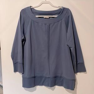 Soft Surroundings comfy dusty blue sweatshirt, snazzy buttons on the side.